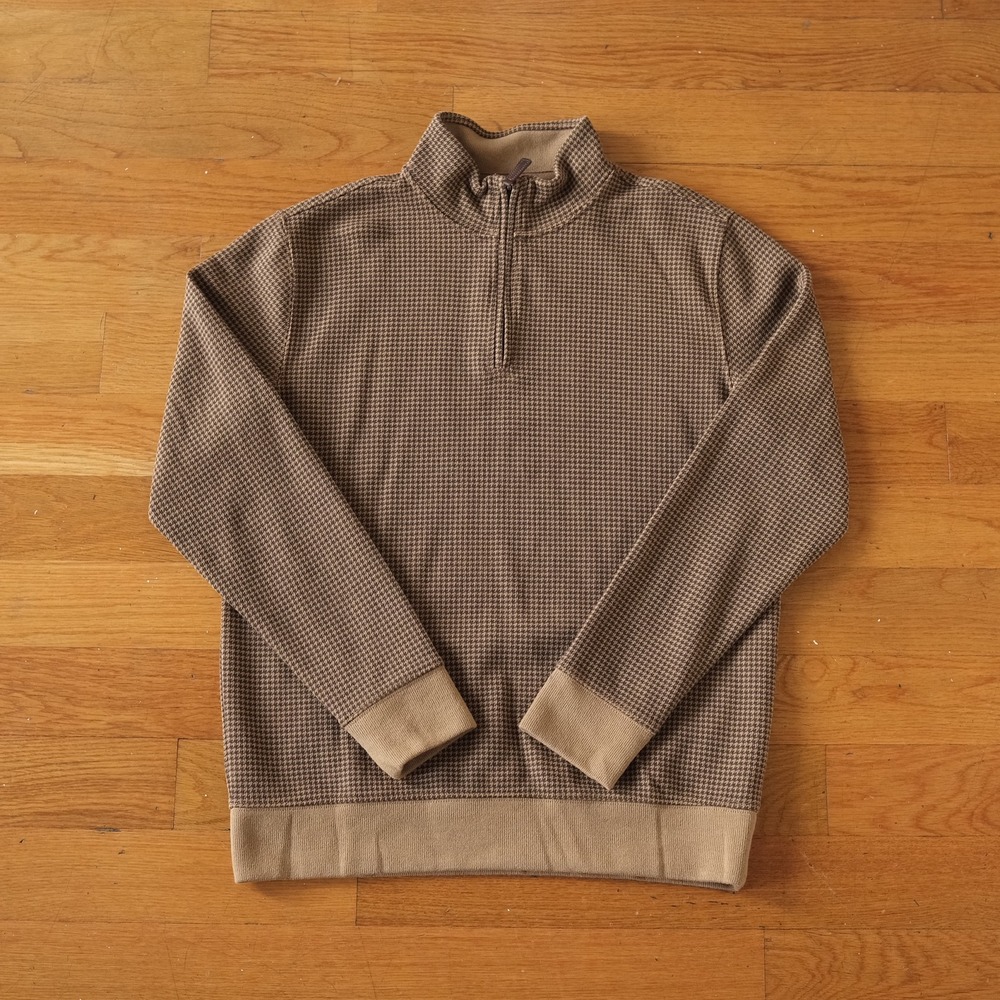 Lands End Quarter Zip Pullover Mens Brown Houndstooth Academic Size M Preppy